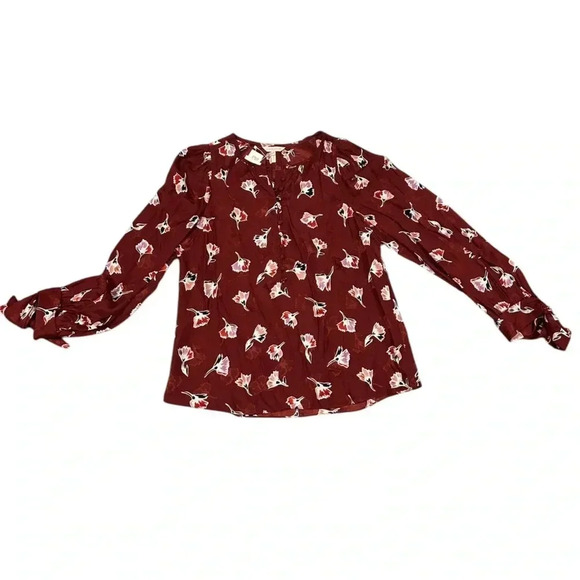 Rebecca Taylor Paintbrush Floral Tie Sleeve Silk Blend Top In Cabernet 10 NWT - Picture 1 of 10